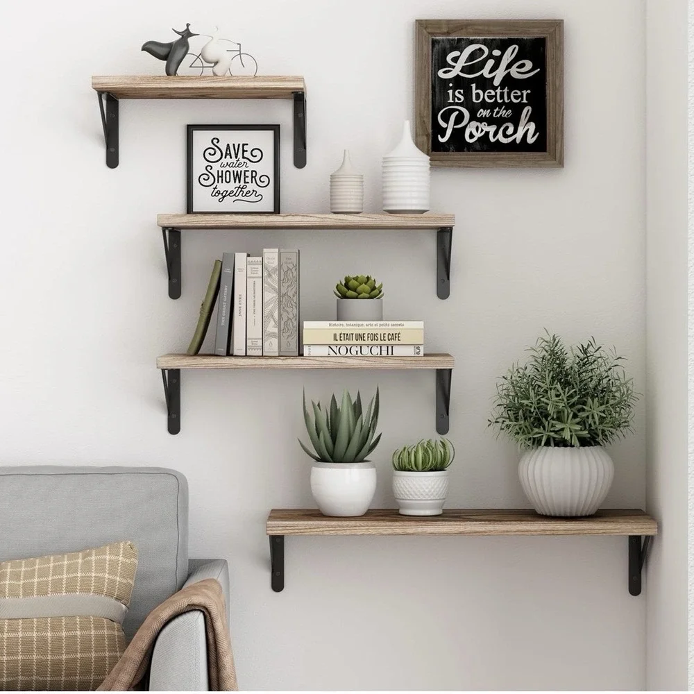 Floating Wall 4- Shelves Rustic Space Saving Multi-Functional Storage Decor